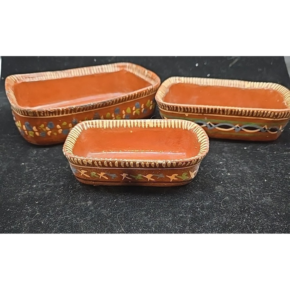 Vtg Redware Pottery Clay Bowls Mexican Rectangles Painted  3 piece Primitive